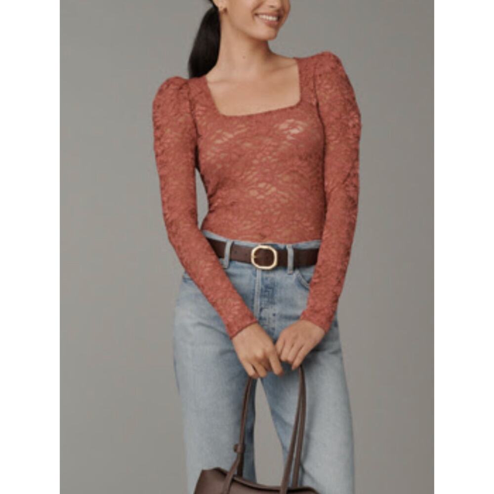 Anthropologie Puff-Sleeve Sheer Lace Top - Size XXS